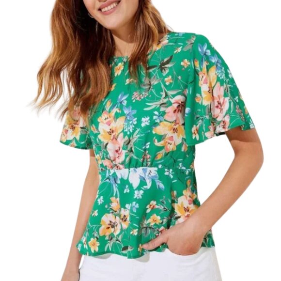 LOFT Tops - Loft Floral Peplum Top Round Neck Short Sleeves Green Women's Size 10